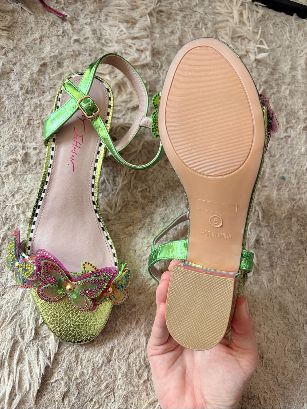Betsey Johnson Green Butterfly Embellished Block Heels with Rainbow Striped Heel - Picture 2 of 2